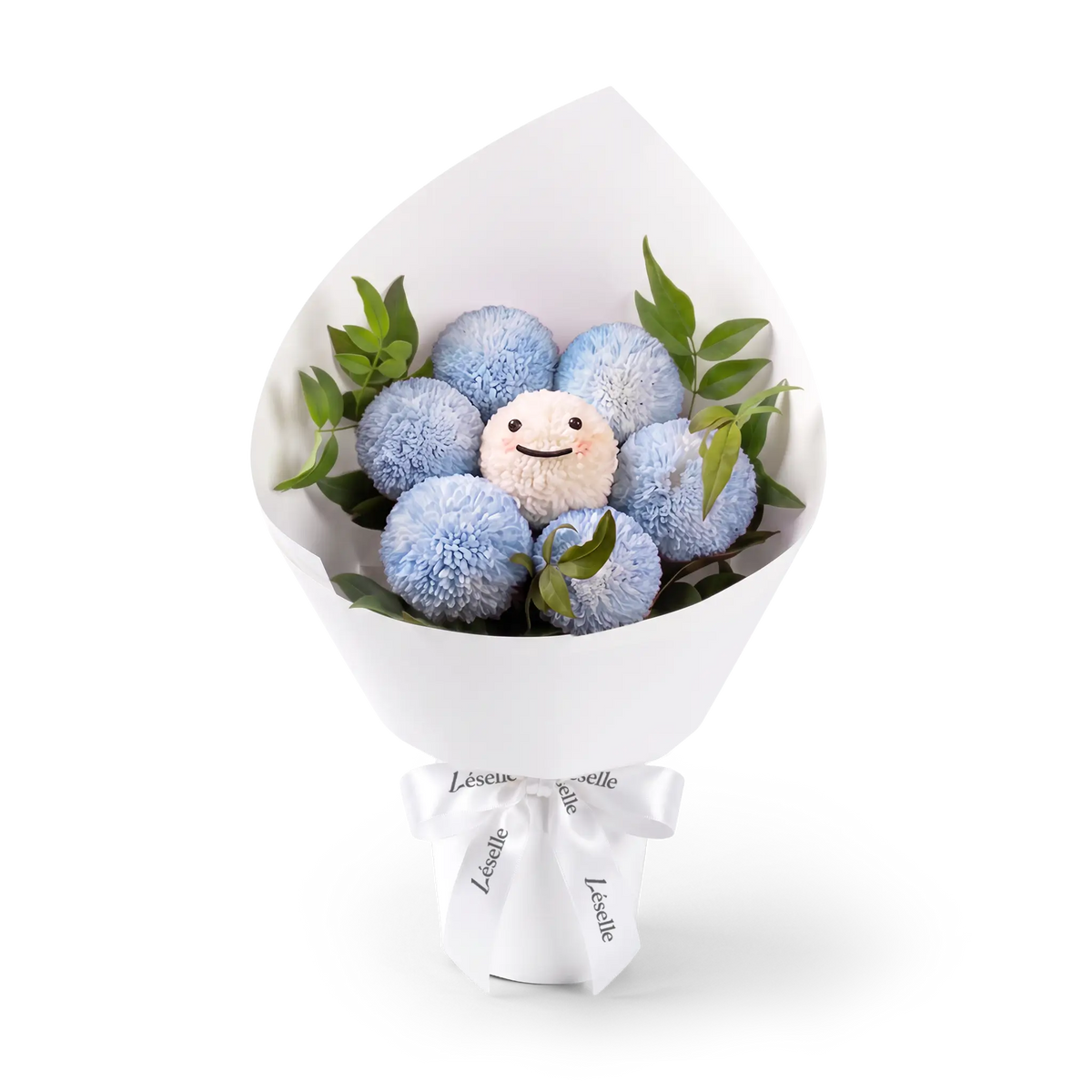 Bouquet of azure ping pong chrysanthemums wrapped in white paper with a white ribbon on a transparent background