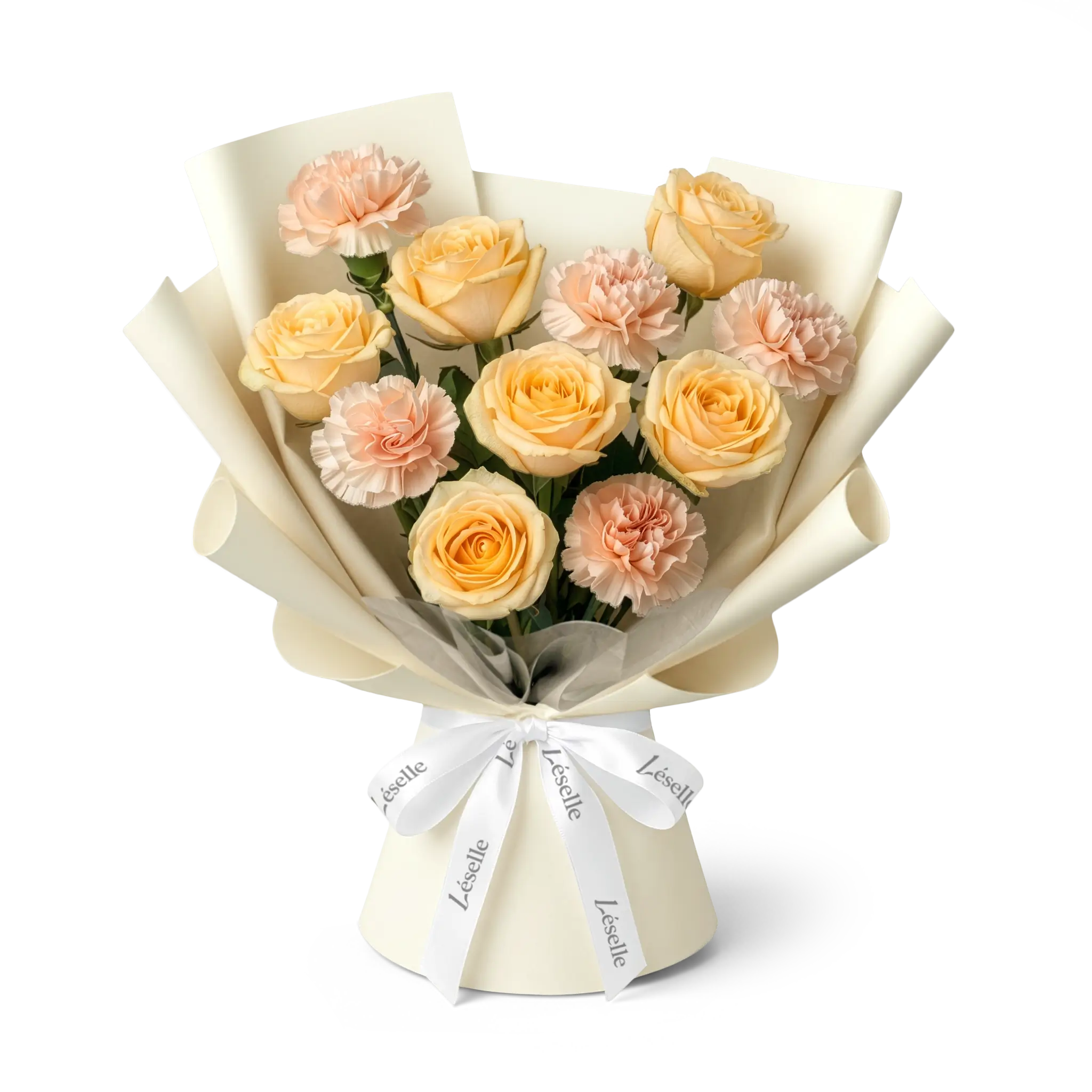 Bouquet of champagne roses and peach pink carnations wrapped in off white paper with a white ribbon on a transparent background