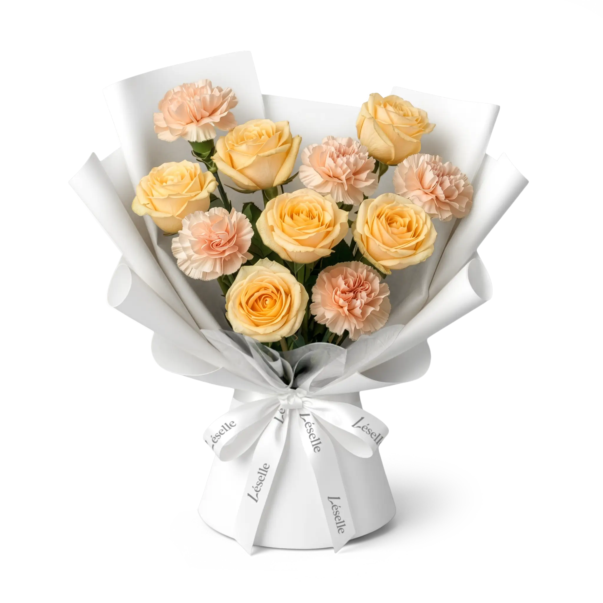 Bouquet of champagne roses and peach pink carnations wrapped in white paper with a white ribbon on a transparent background