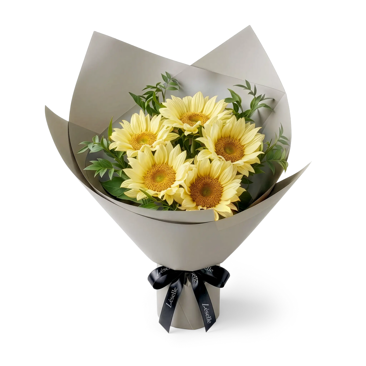Bouquet of cream-colored sunflowers wrapped in grey paper with a black ribbon on a transparent background