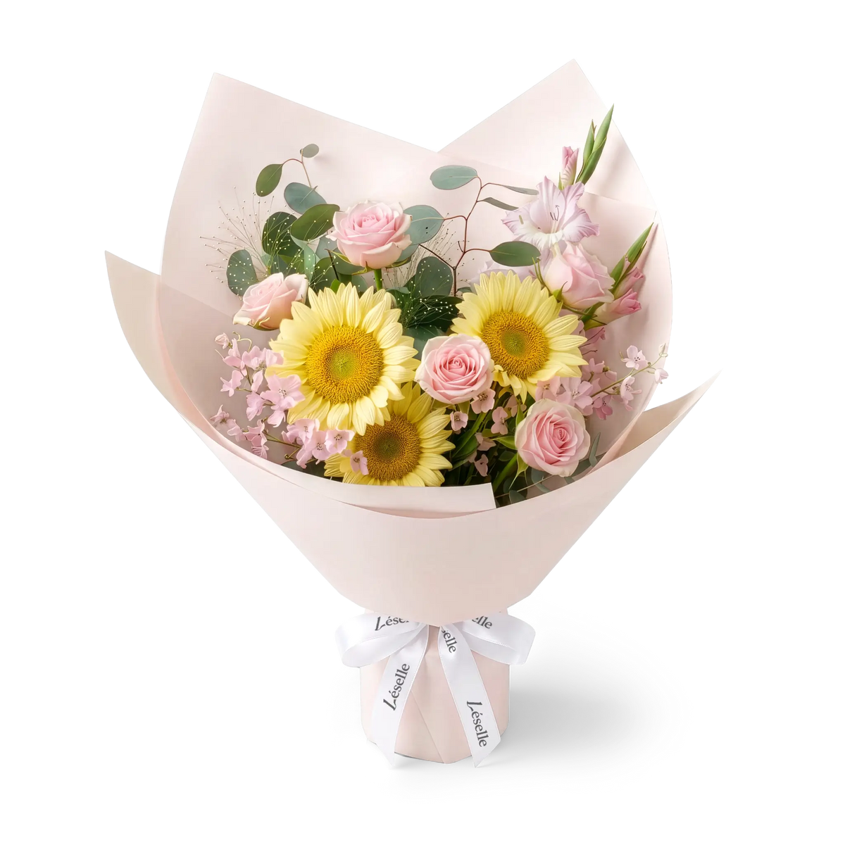 A wrapped flower bouquet featuring cream-color sunflowers, pink roses, and green foliage, wrapped in a pale pink paper sleeve with a white ribbon, on a transparent background.