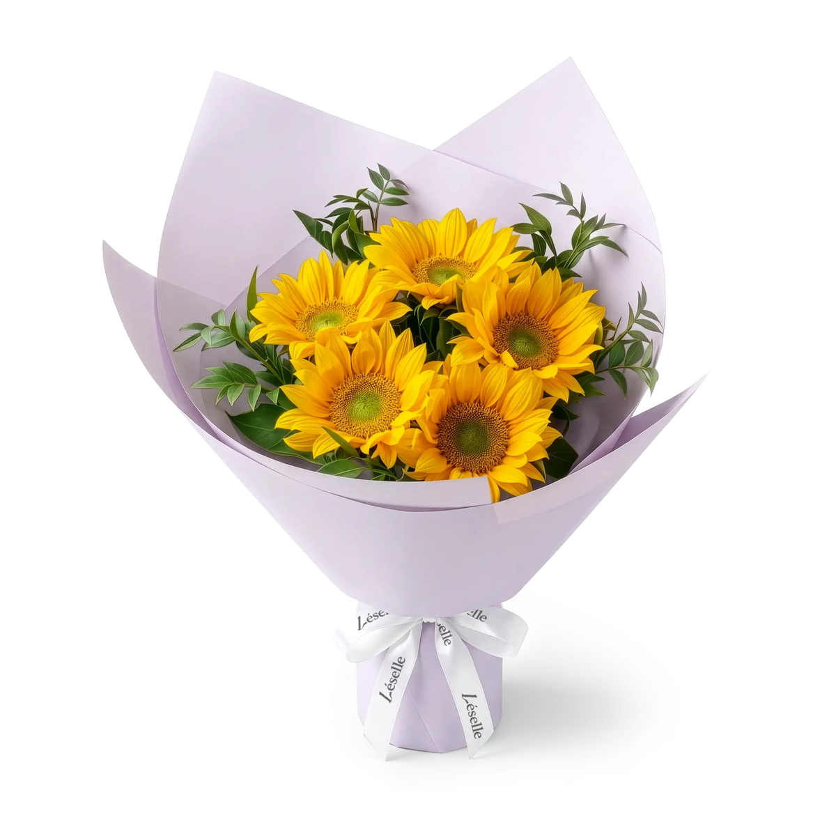 Bouquet of green-heart sunflowers wrapped in lavender paper with a white ribbon on a transparent background