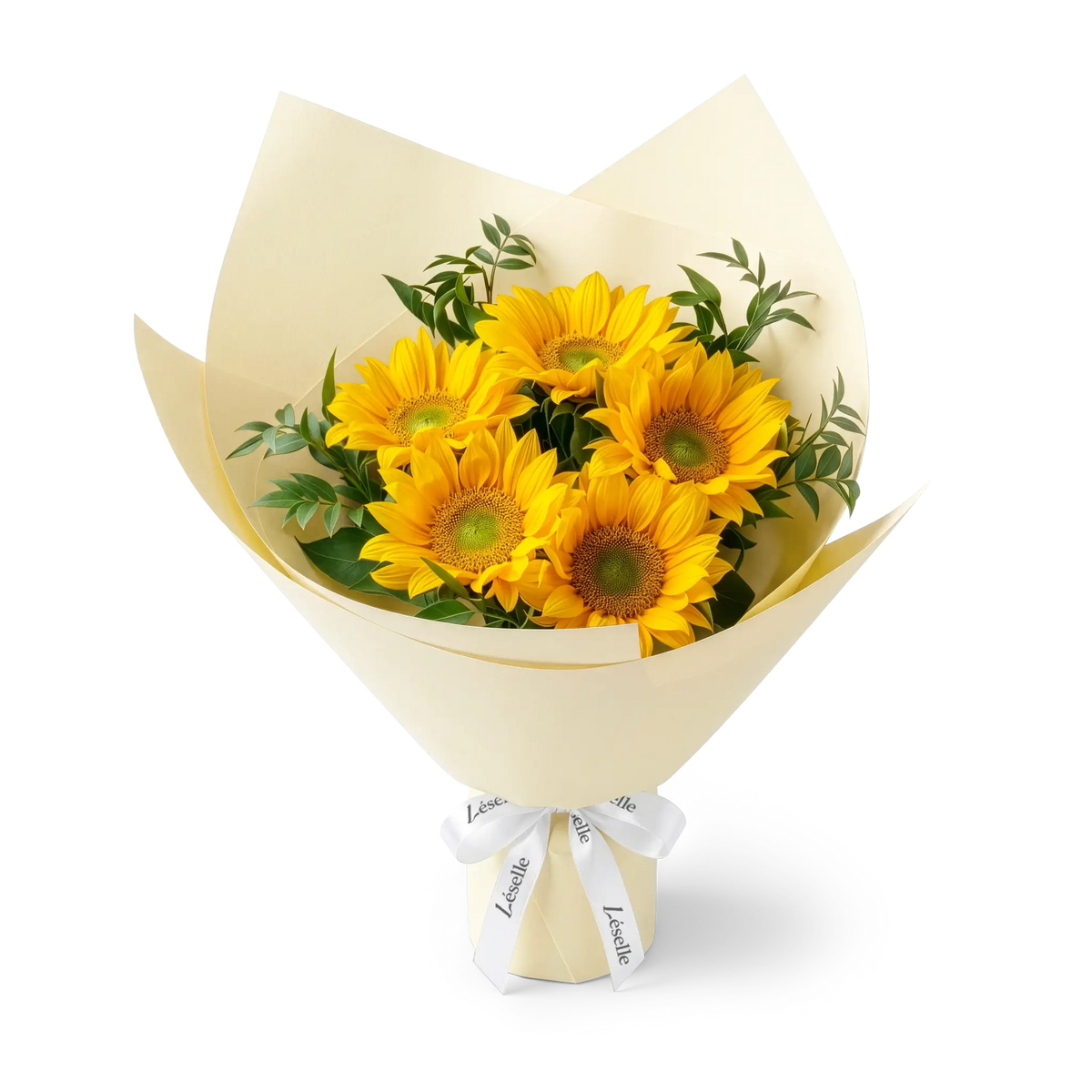 Bouquet of green-heart sunflowers wrapped in pale yellow paper with a white ribbon on a transparent background