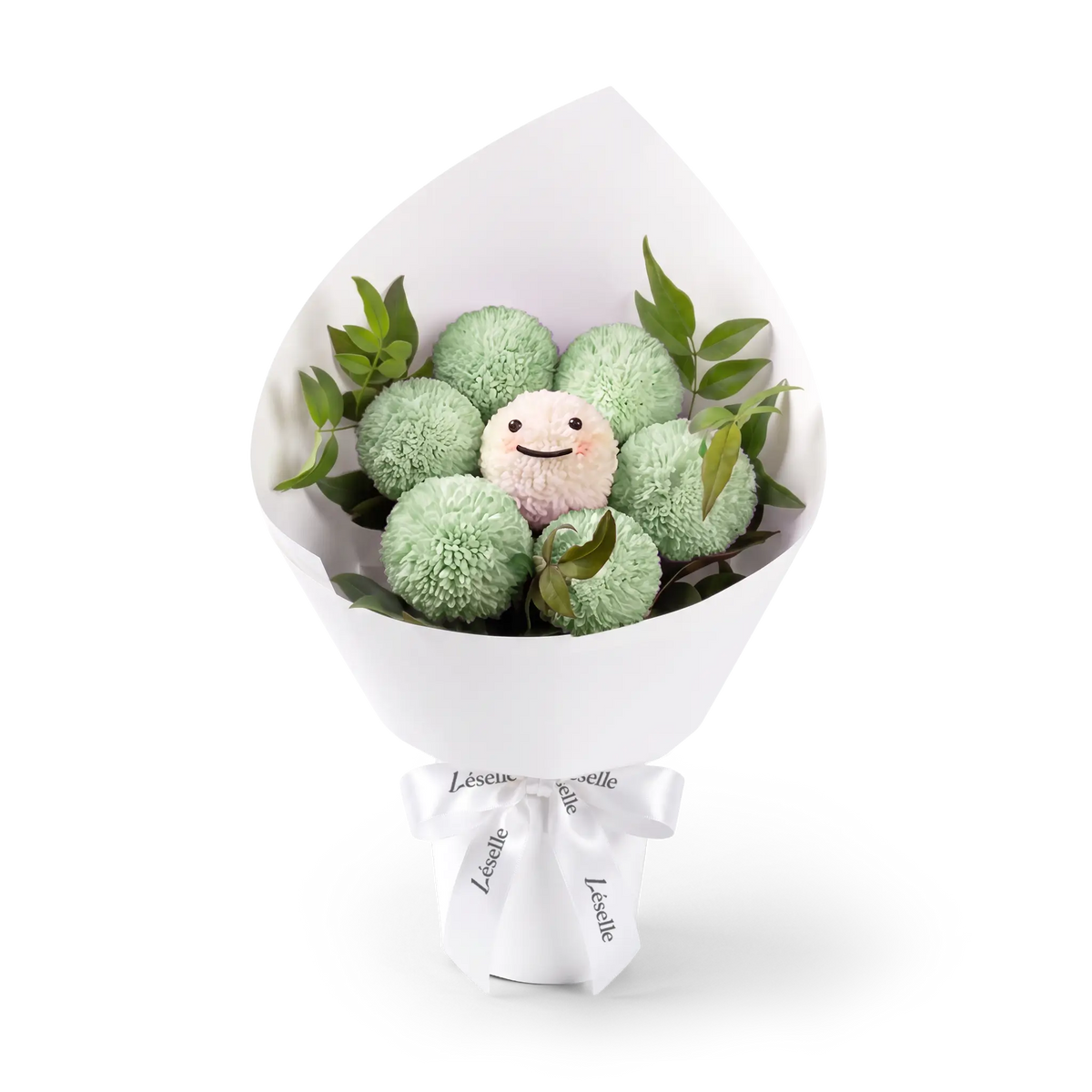 Bouquet of green ping pong chrysanthemums wrapped in white paper with a white ribbon on a transparent background
