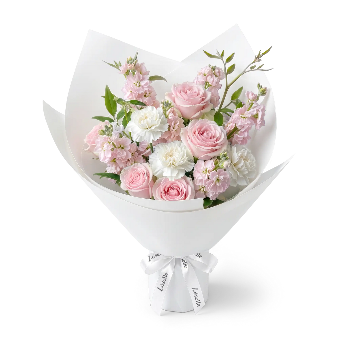 A fresh flower bouquet wrapped in white paper with a white ribbon, featuring pink roses, white carnations, pink stocks, and green foliage, set against a transparent background.