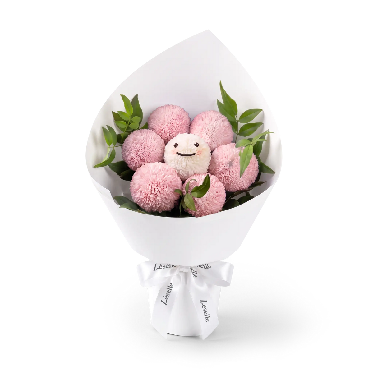 Bouquet of pink pompon chrysanthemums wrapped in white paper with a white ribbon on a transparent background