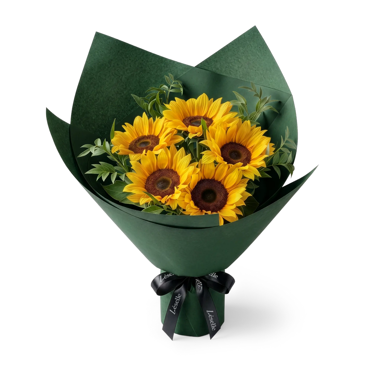 Bouquet of black-heart sunflowers wrapped in dark green paper with a black ribbon on a transparent background