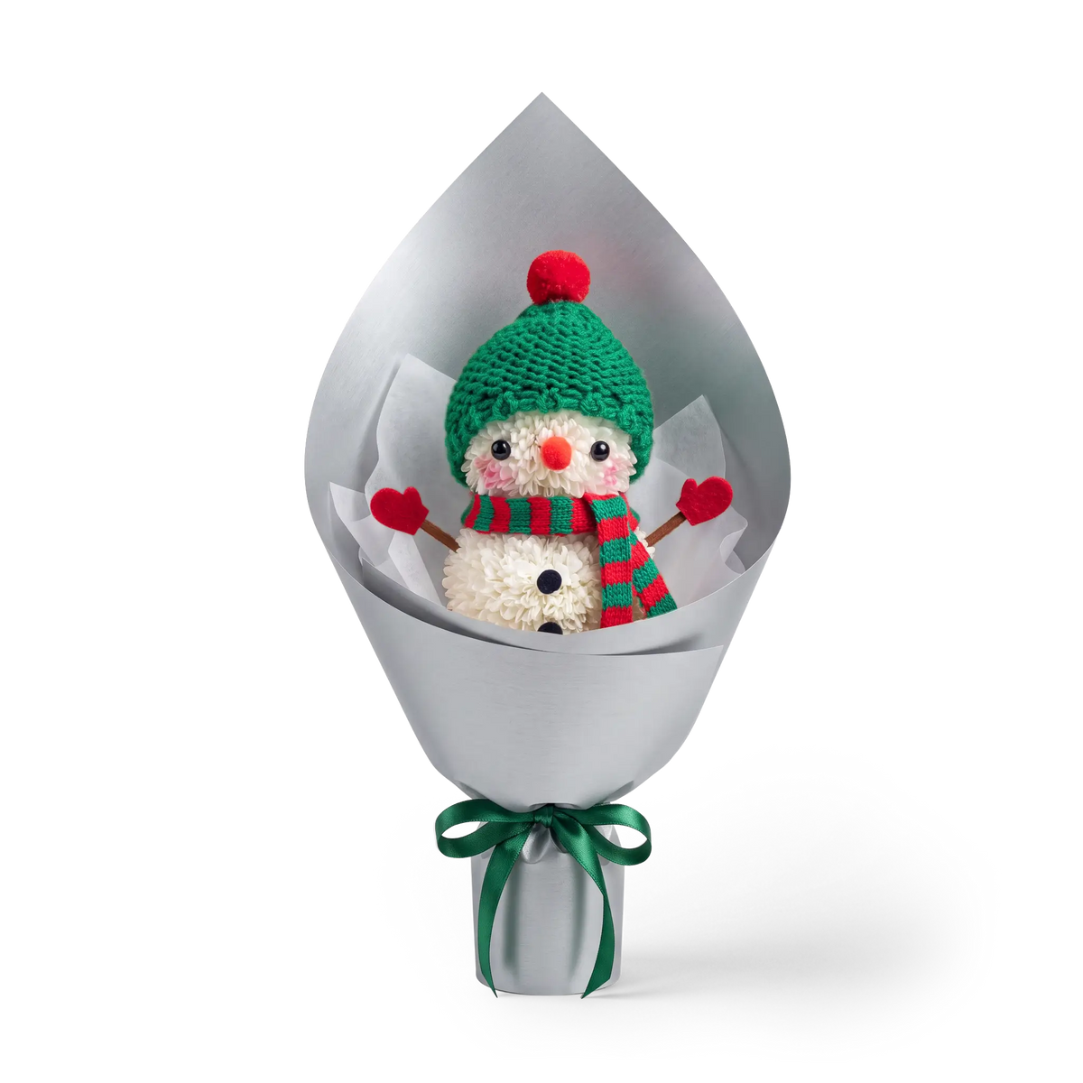 Winter Snowman Pompon Bouquet made of fresh white pompon chrysanthemums. This Christmas floral arrangement features a snowman with a green hat and striped scarf, wrapped in silver paper.