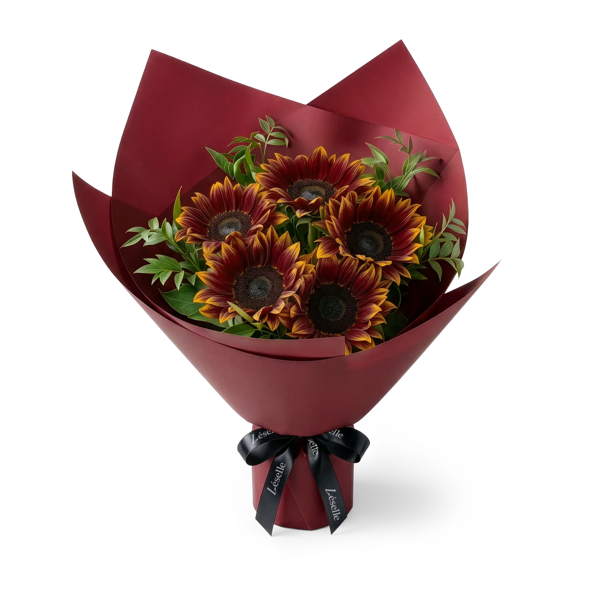 Bouquet of burgundy sunflowers wrapped in burgundy paper with a black ribbon on a transparent background