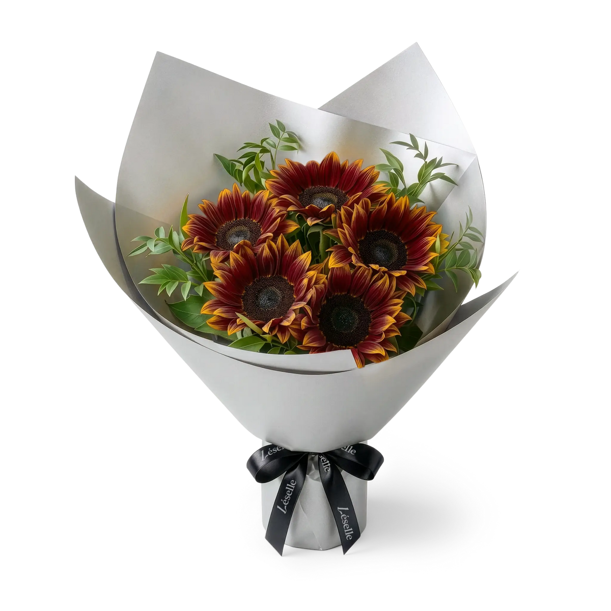 Bouquet of burgundy sunflowers wrapped in silver paper with a black ribbon on a transparent background