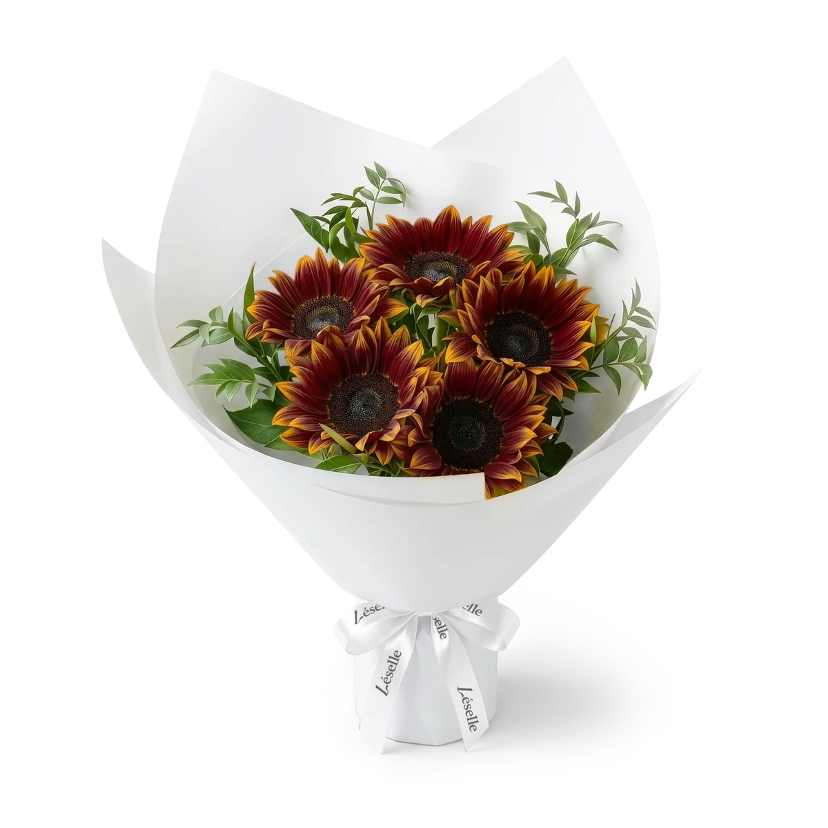 Bouquet of burgundy sunflowers wrapped in white paper with a white ribbon on a transparent background