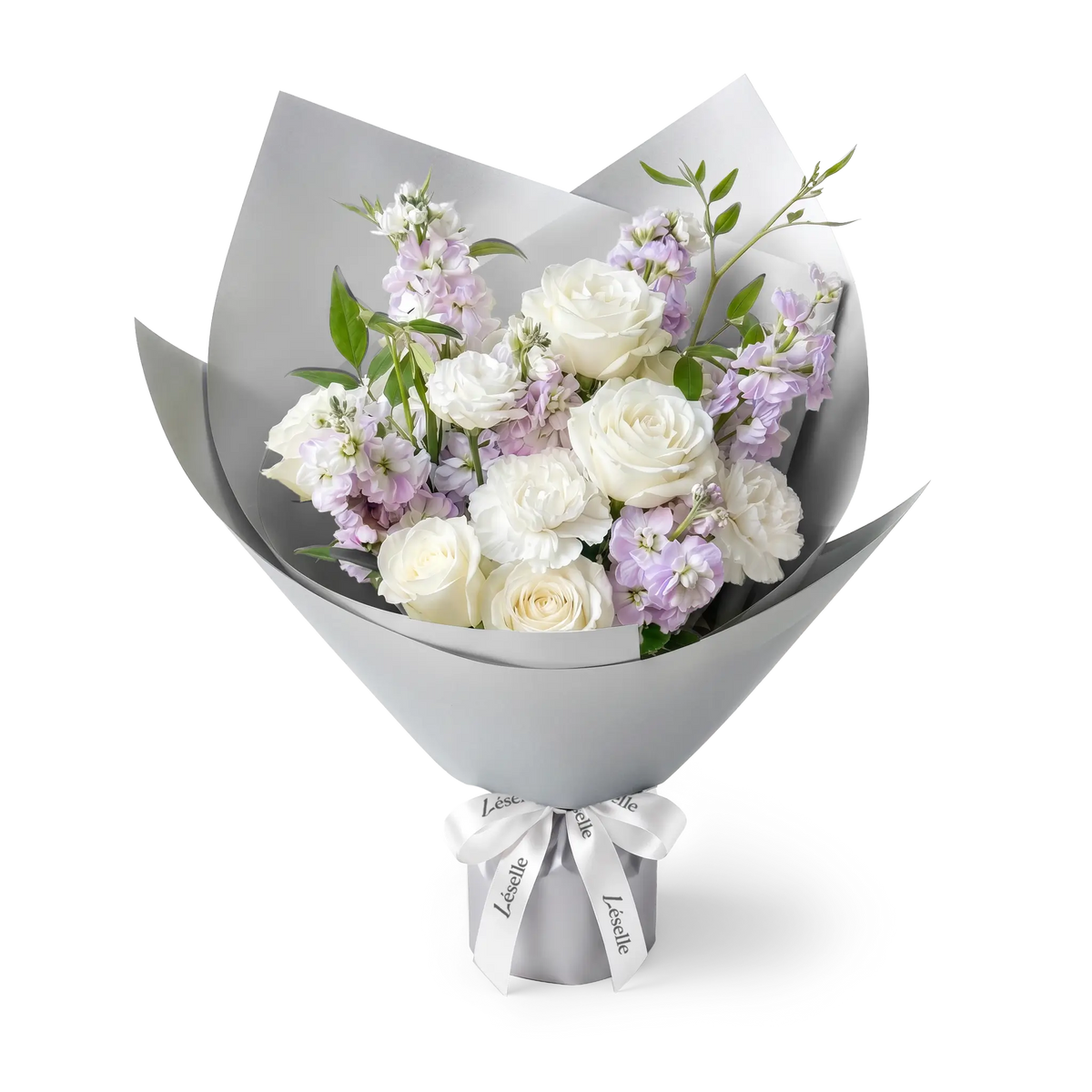Serene White Rose & Lilac Stock Bouquet