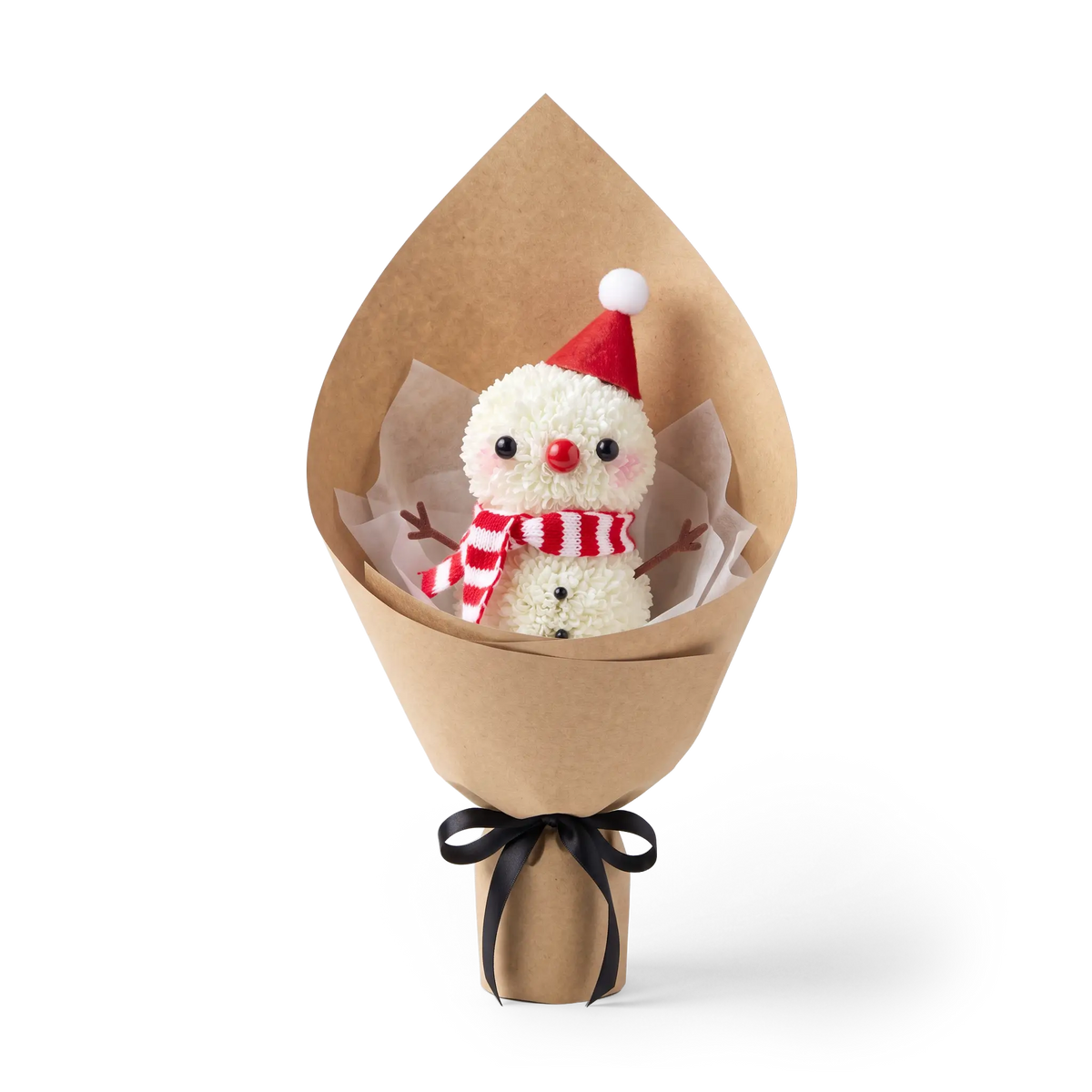 Winter Snowman Pompon Bouquet made of fresh white pompon chrysanthemums. This Christmas floral arrangement features a snowman with a red hat and striped scarf, wrapped in camel paper.